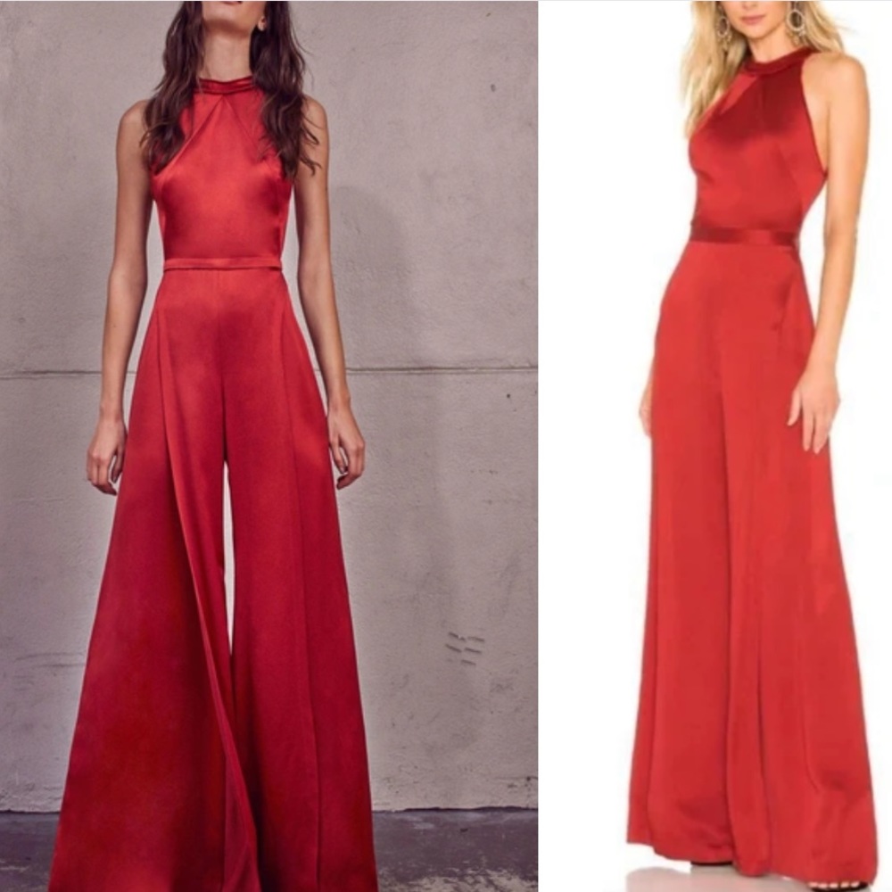 Alexis Sanaya Rust Red Satin Crepe Wide Leg Halter Cut Out Jumpsuit S